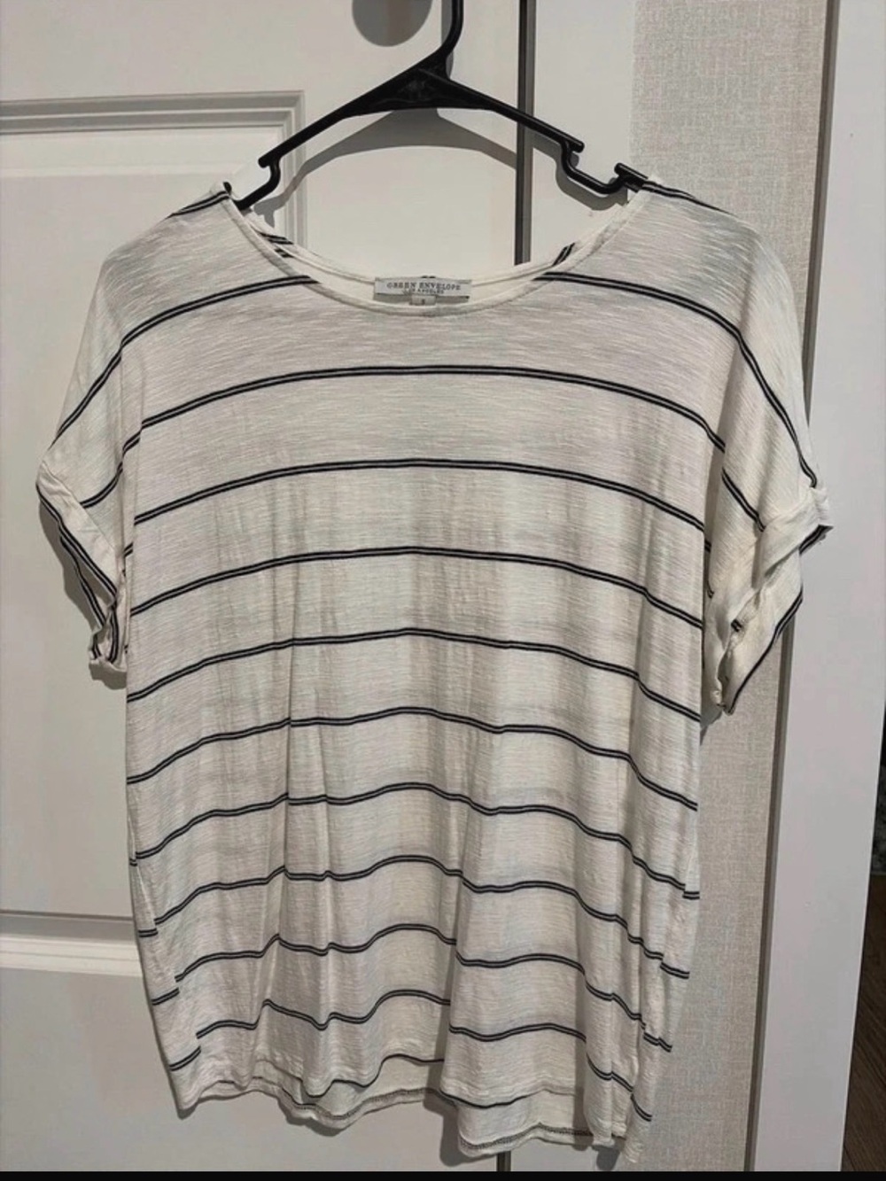 Green Envelope White Short Sleeve Tee with Black Stripes